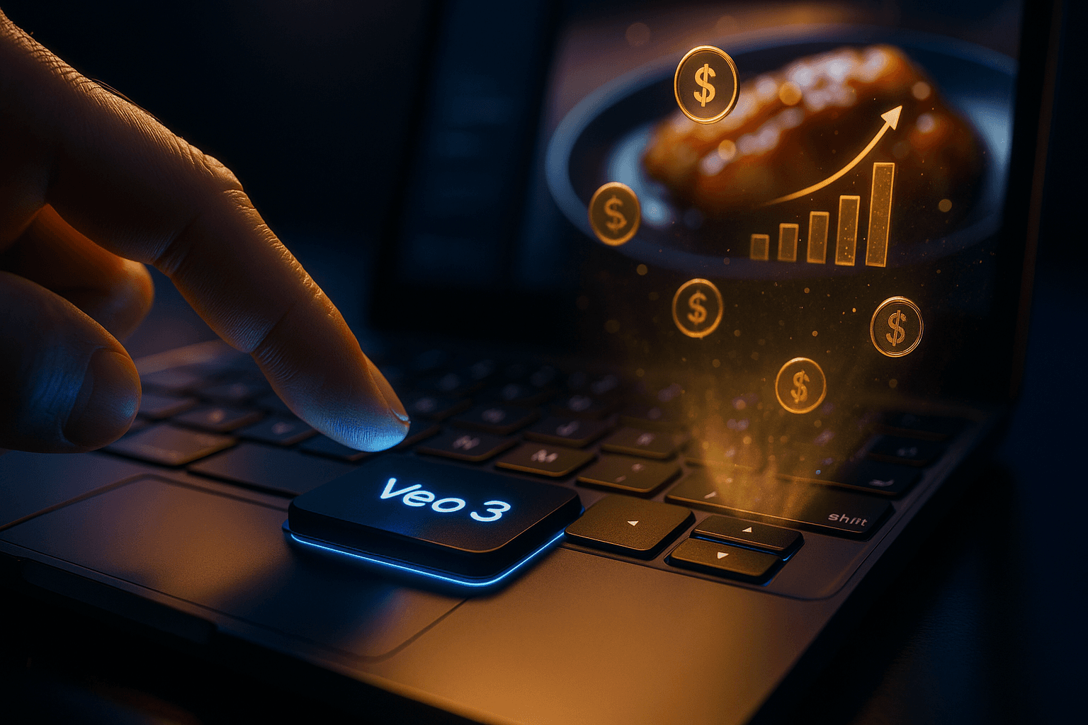 Veo 3 keyboard with glowing key and financial success visualization